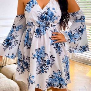 Floral Print Crisscross Tie Backless Flounce Sleeve Dress